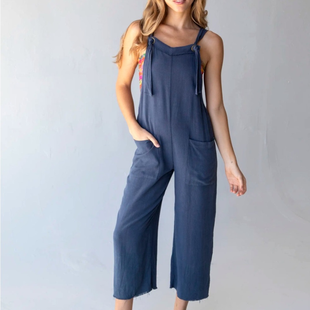 Natural Life Romper XSMALL  Blue Carly Wide Leg Jumpsuit Baggy Raw Hem